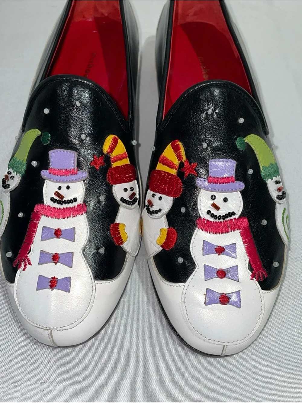 Michael Simon Black White Loafers with Colorful‎ Snowman Appliqués
